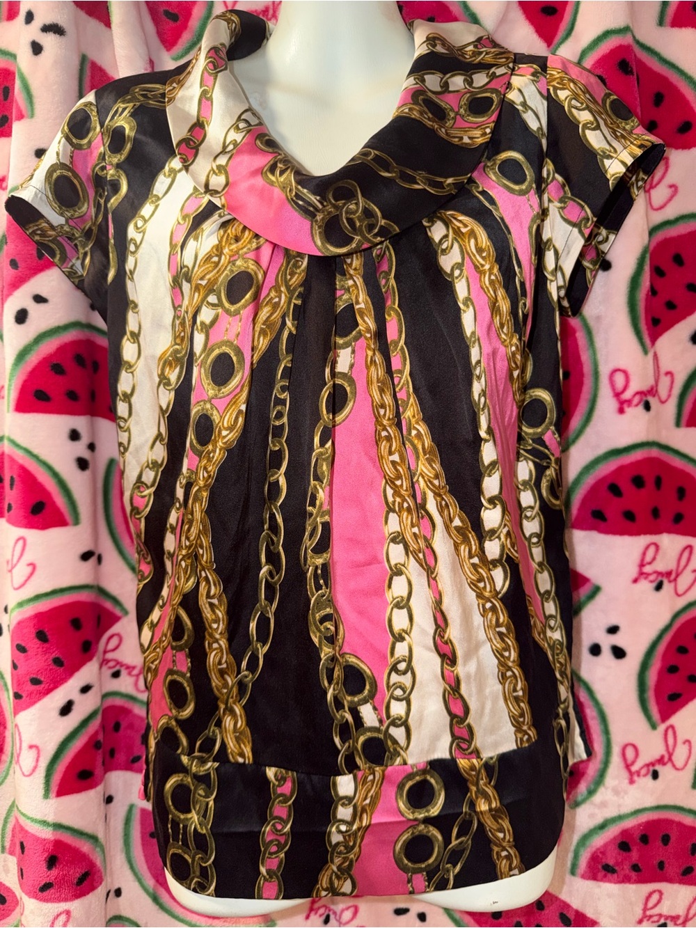🩷🖤 Cache Silk Chain-Print Cowl Neck Blouse